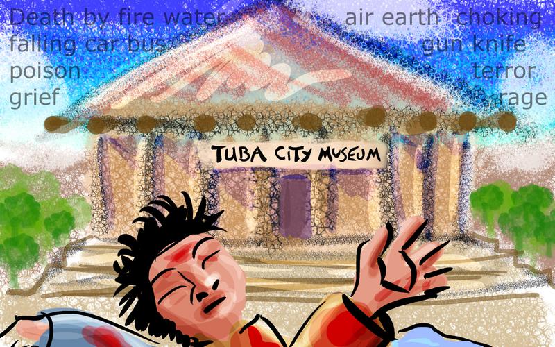 Man revives from multiple deaths on the Tuba City Museum steps. Dream sketch by Wayan. Click to enlarge.