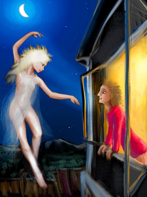 Serafina, a Finnish witch, floats outside my moonlit window. I step out... dream sketch by Wayan. Click to enlarge.
