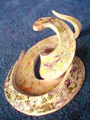 Snake Coil, two stylized snakes twining; ceramic sculpture by Wayan.
