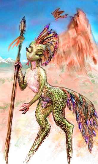 A mother raptor with chick in her marsupial pouch, leaning on her spear, in the Woble Desert. Raptors are marsupial feathered ornithischian dinosaurs, one of six peoples who evolved on Serrana, an experimental world model hybridizing Mars and Earth conditions.  Click to enlarge.