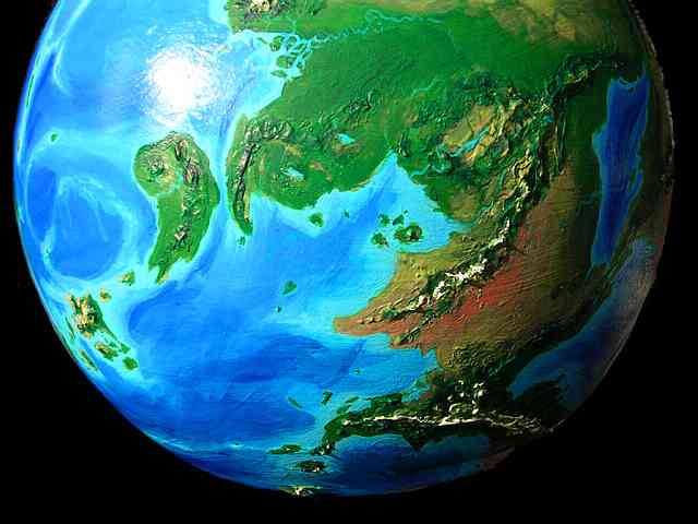 Orbital photo of the eastern shore of the Eamet Ocean on Serrana, an experimental world-model, a hybrid of Earth and Mars.  Click to enlarge.