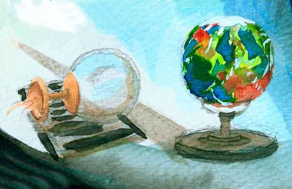 Watercolor sketch of Serrana's globe; on the left, its origins as a light fixture found in a gutter; on the right, its current state.