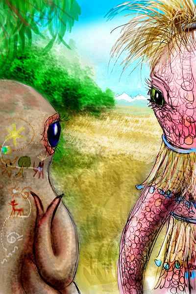 A hexapus, a squidlike savanna dweller, tall, leathery, lanky, with a hairy topknot, compared to its ancestor, the tree-squid on left--shorter, softer, speaking via pictographs on its chameleon skin.  Click to enlarge.