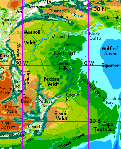 Map of the western shores of the Eamet Ocean on Serrana, a dry world-model. Sosna Gulf, Mosnoll Basin, Larrotil, Eronit Basin, Thuas and Cape Tsethuas.