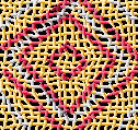Fabric design (red diamonds on gold) woven by Planians, high-altitude cameloid centaurs on Serrana, an experimental hybrid of Terran and Martian climates.