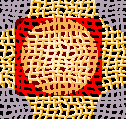 Fabric design (red and gold circles and crosses on gray) woven by Planians, high-altitude cameloid centaurs on Serrana, an experimental hybrid of Terran and Martian climates.