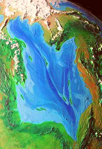 High orbital photo of Narek Sea on Serrana, a world-building experiment