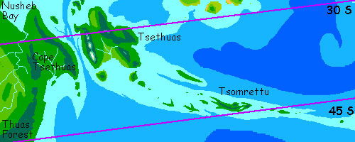 Map of the lonely Tsethuas Isles in the southern Eamet Ocean on Serrana, a generally dry world-model.