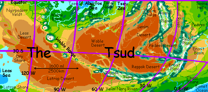 Map of the Tsud, the largest desert on Serrana, an experimental world-model, a hybrid of Mars and Earth.