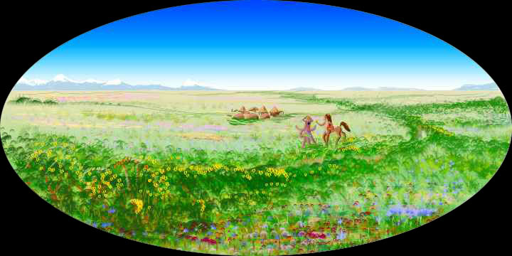 Flowering savanna. Two farmers argue in foreground: one squidlike, one centauroid. A village in middle distance. Snowy peaks on the horizon.