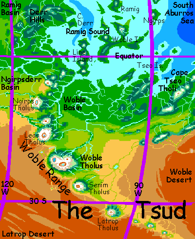 Map of the Woble Mts, a chain of near-Martian volcanoes, on Serrana, a small dry experimental planet-model.