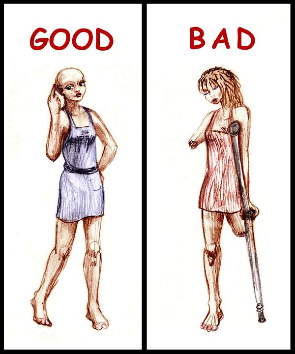 Sketch of a dream by Chris Wayan: a chart with two cartoon women announcing that hairloss is good; LIMBloss is bad. Click to enlarge.