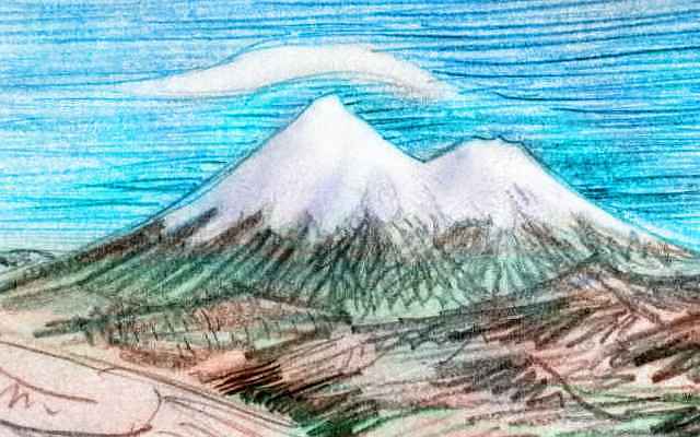 Sketch of Mt Shasta: twin snowcapped volcanic cones, crowned in lenticular clouds
