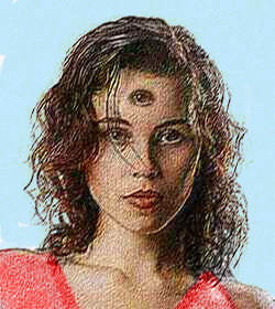 Crayon full-face portrait of brunette with third eye