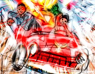 Woman crashes red car--dream sketch by Wayan.