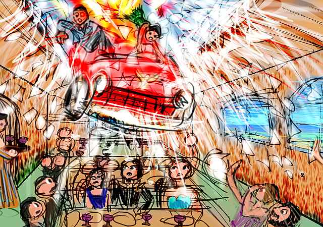 A red car smashes through a skylight into a crowded restaurant--dream sketch by Wayan.