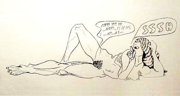 line drawing of a girl trying to make her talking vagina shut up.