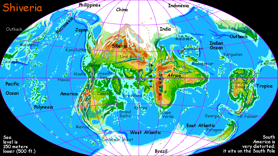Map of Shiveria, an alternate Earth with the same geography but with the north pole placed on Borneo and the south in the Amazon.