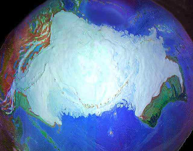 Orbital view of Shiveria, an alternate Earth: the North Polar Cap.
