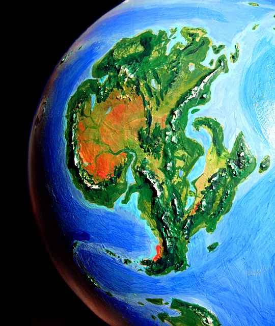 Orbital view of Shiveria, a climatologically alternate Earth: Tropica, a tropical landmass corresponding to our Antarctica.  Click to enlarge.