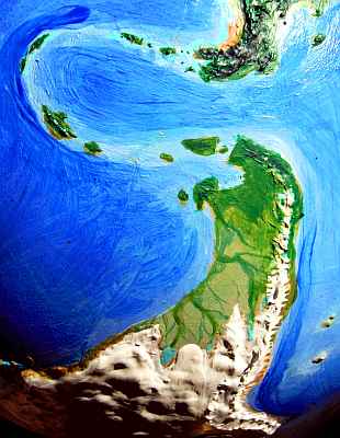 Orbital view of Shiveria, an alternate Earth with its poles displaced: Patagonia, a tongue of tundra and taiga extending from ice-capped South America, at the south pole.