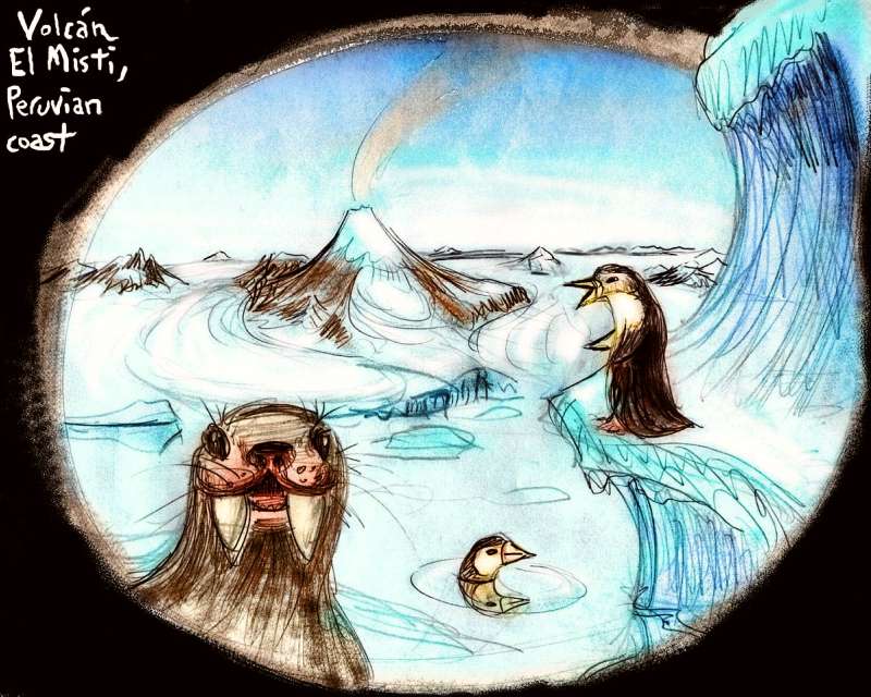 glaciers of El Misti calving into the sea in Peru; walrus and penguins in foreground; scene from Shiveria, an alternate Earth with poles in South America and Indonesia.