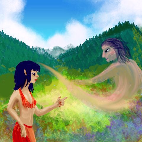 A native Redwood Coast woman meets a spirit--me. Dream sketch by Wayan. Click to enlarge.