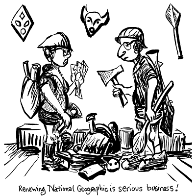 Caption: 'Renewing National Geographic is serious business.' Couple in khaki, cartooned by Wayan.