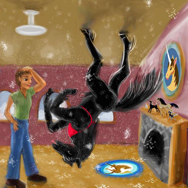 A black stallion rears upside down, on the ceiling; a man stands on the floor; snowflakes float. Sketch of a dream by Wayan; click to enlarge.