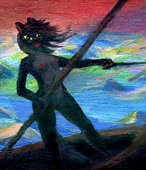 A black cat-girl sailing under a red sky.