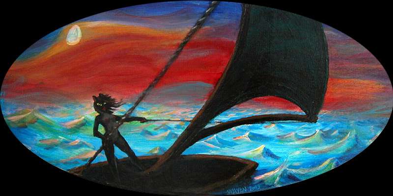 Under a yellow moon, a black cat-girl sails across the Atlantic.  Click to enlarge.