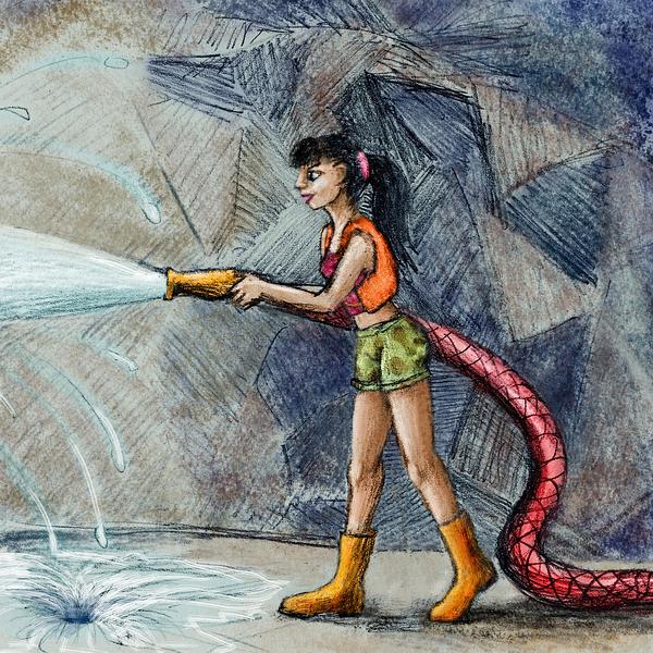 My anima Silky cleans the underworld with a firehose. Dream sketch by Wayan. Click to enlarge.