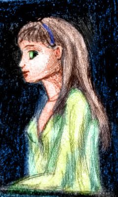 Color pencil sketch of a dream by Wayan; my dream-bride, Silky the shapeshifter; a smiling, human-looking brunette in green.