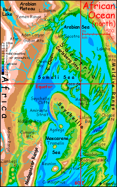 Map of the northern African Ocean on Siphonia, a study of the Earth with 90% of its water drained away.