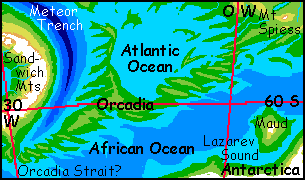 Map of the Atlantic and African coasts of Antarctica, on Siphonia, a study of the Earth with 90% of its water drained away.