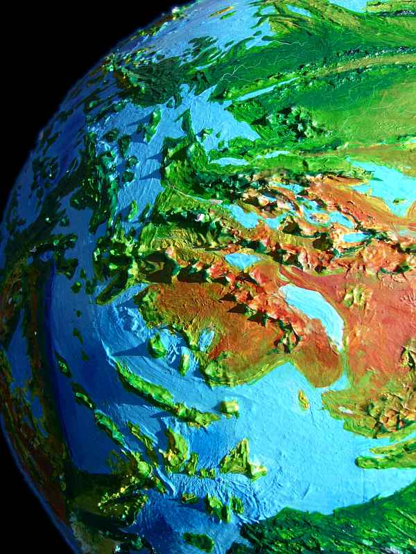 Orbital photo of the Polynesian Ranges, Gambier Desert, Manihiki Plateau and northern Agassiz Ocea, on Siphonia, a study of the Earth with 90% of its water drained away.