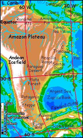 Map of the Amazon Plateau on Siphonia, a study of the Earth with 90% of its water drained away.