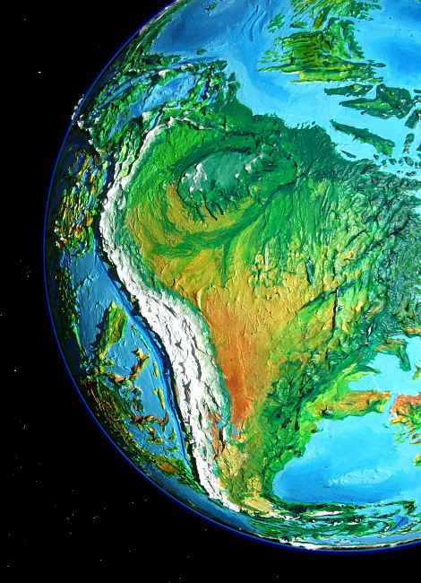 Orbital photo of the Amazon Plateau and Andes Range on Siphonia, a study of the Earth with 90% of its water drained away.