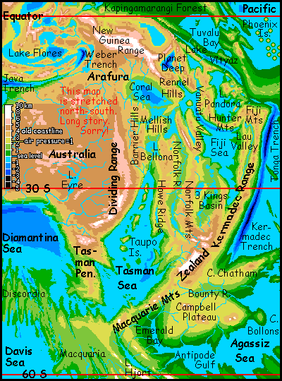 Map of the Anzac region of Siphonia, a study of the Earth with 90% of its water drained away.