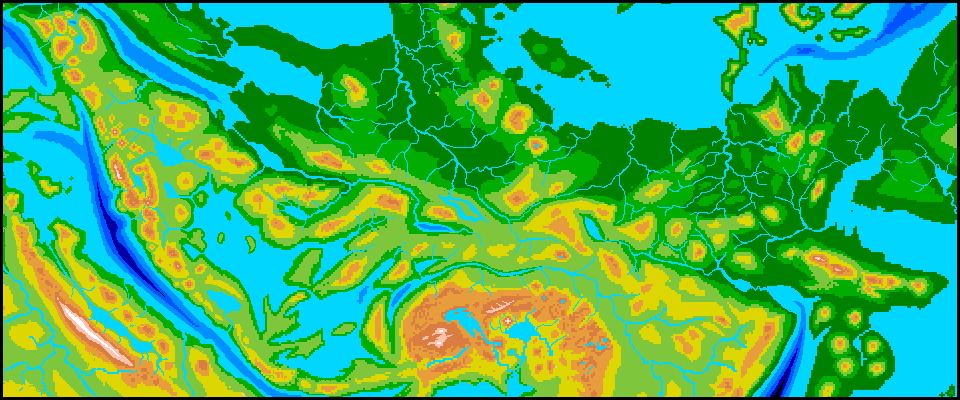 Map of the Caledonie Mts, Vanuatu Trench, Pandora Basin, and Vityaz Trench regions  in northern Anzac, on Siphonia, a world-building experiment. Click a feature to go there.