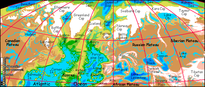 Map of the North Atlantic and Siberian regions of Siphonia, a study of the Earth with 90% of its water drained away.