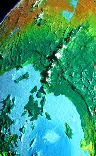 Orbital photo of the southeastern Atlantic Basin and Cameroon Range on Siphonia, a study of the Earth with 90% of its water drained away.
