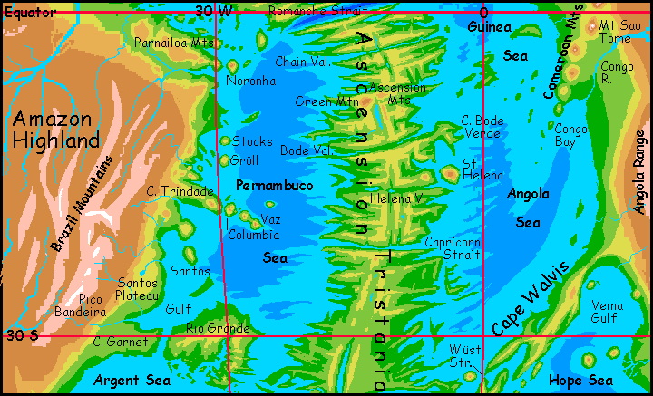 Map of the southern Atlantic Deep on Siphonia, a study of the Earth with 90% of its water drained away.