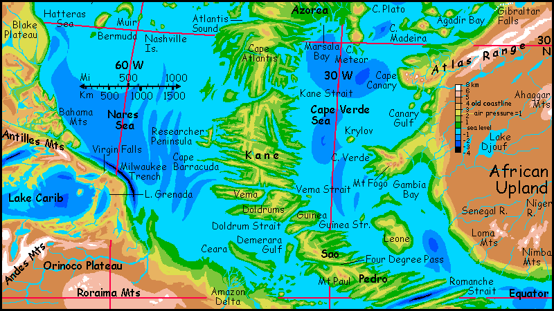 Map of northern tropical Atlantic Basin on Siphonia, a study of the Earth with 90% of its water drained away.
