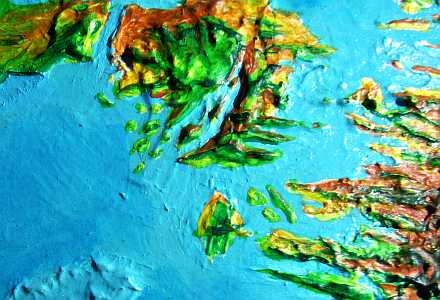 Orbital photo of Rio Island and the fjorded coast of Tristania in the South Atlantic, on Siphonia, a study of the Earth with 90% of its water drained away.