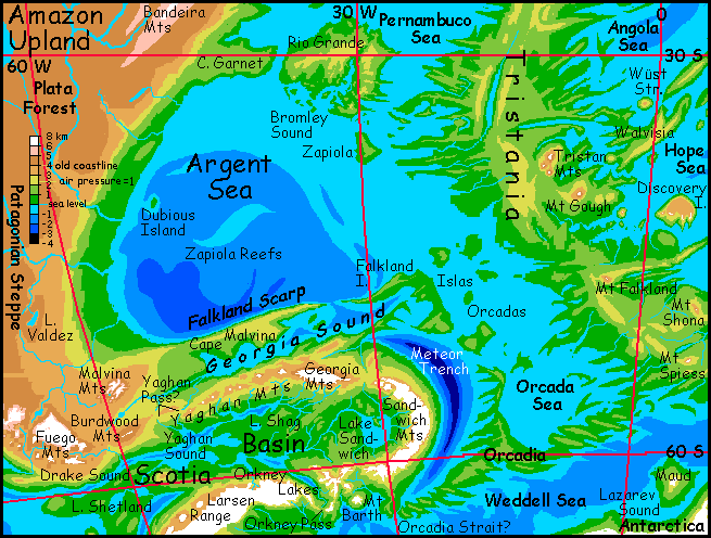 Map of the southern Atlantic Deep on Siphonia, a study of the Earth with 90% of its water drained away.