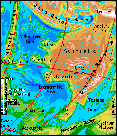 Map of the Australian Ocean on Siphonia, a study of the Earth with 90% of its water drained away.