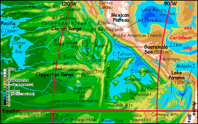 Map of the Clarion, Clipperton, Guatemala and Panama Basins on Siphonia, a study of the Earth with 90% of its water drained away.