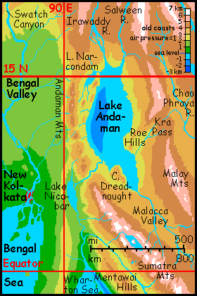 Map by Chris Wayan of the Lake Andaman basin (our Andaman Sea, off Burma) on Siphonia, a study of Earth with 90% of its water siphoned off.