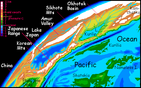 Map of Lake Japan and Lake Kurile on the northwest rim of the Pacific Deep, on Siphonia, a study of the Earth with 90% of its water drained away.